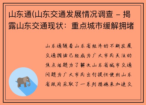 山东通(山东交通发展情况调查 - 揭露山东交通现状：重点城市缓解拥堵难题)